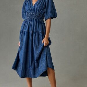 Pilcro puff sleeve V-Neck Denim Midi Dress with Smocked Waist M